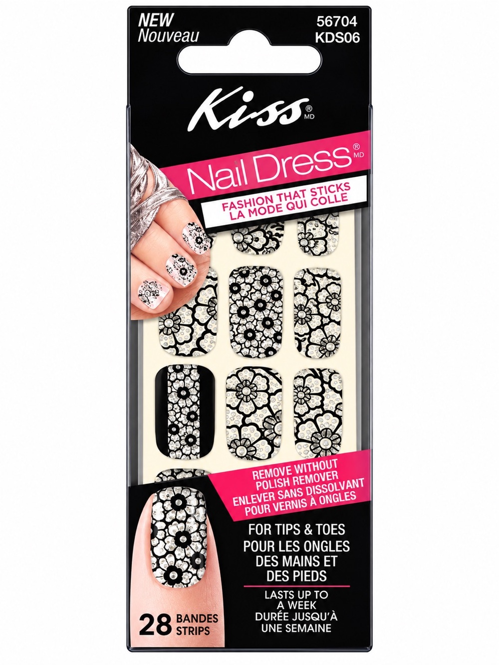 Kiss Nail Dress Black & White Floral Adhesive Nail Strips